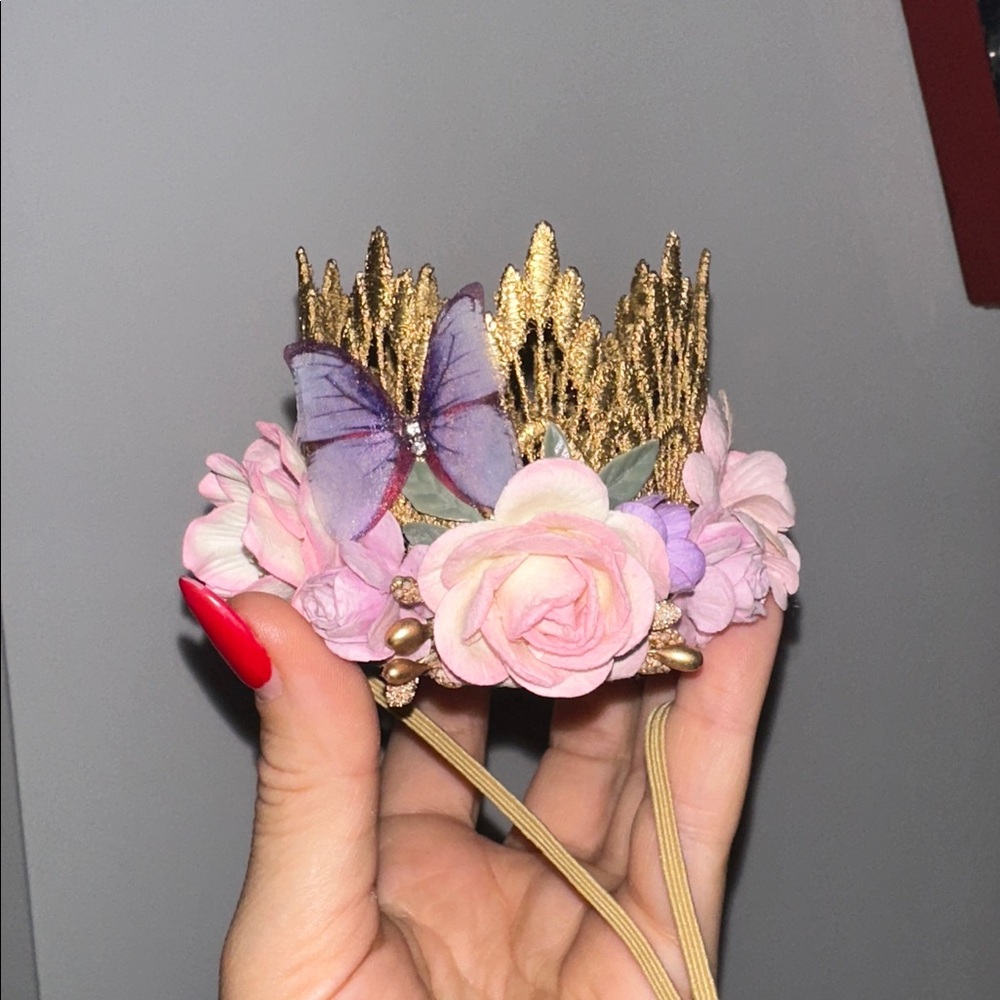 Baby girl Birthday Gold Floral lace handmade Crown with Pink and Purple Accents